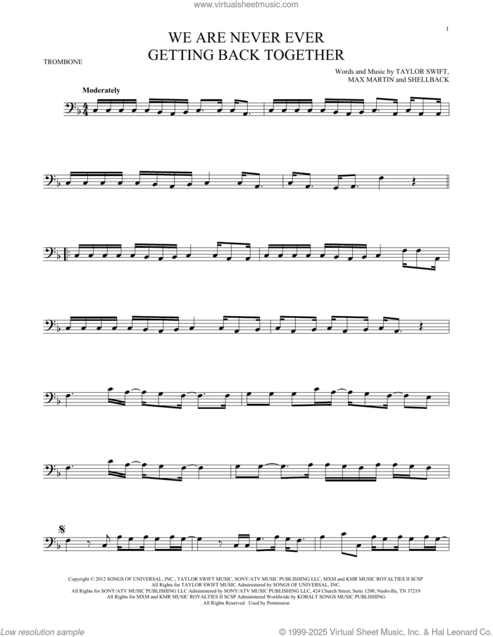 We Are Never Ever Getting Back Together sheet music for trombone solo by Taylor Swift, Max Martin and Shellback, intermediate skill level