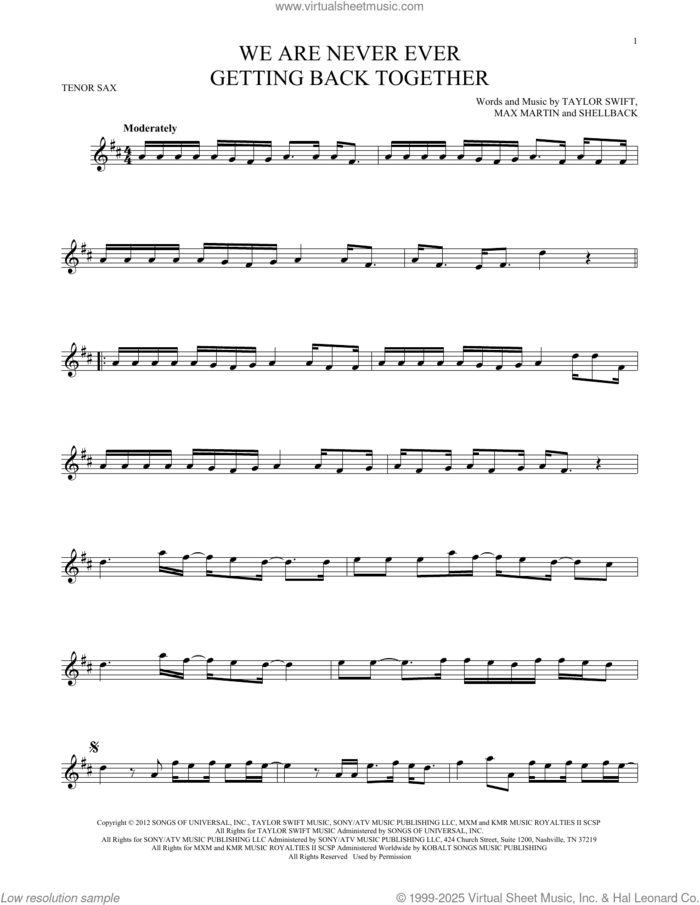 We Are Never Ever Getting Back Together sheet music for tenor saxophone solo by Taylor Swift, Max Martin and Shellback, intermediate skill level