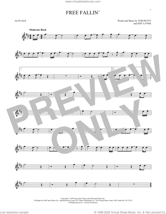 Free Fallin' sheet music for alto saxophone solo by Tom Petty and Jeff Lynne, intermediate skill level