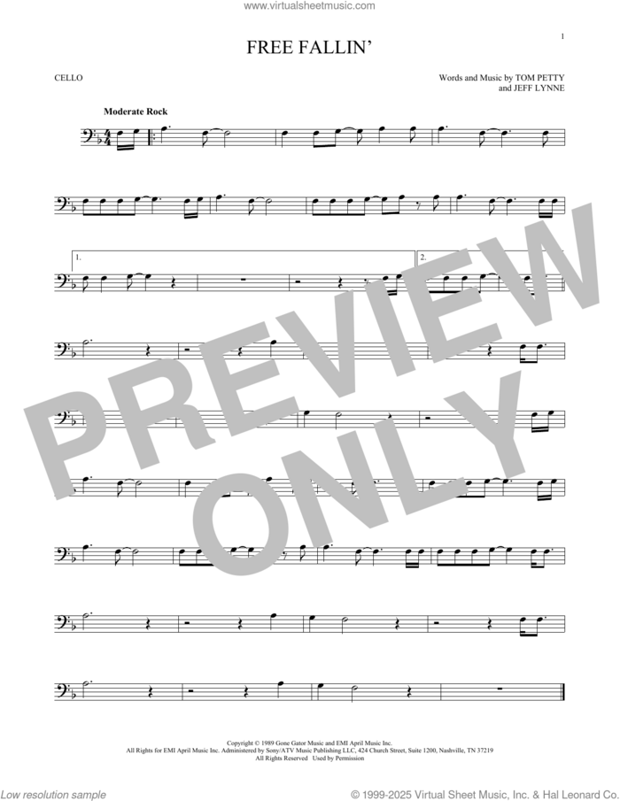 Free Fallin' sheet music for cello solo by Tom Petty and Jeff Lynne, intermediate skill level