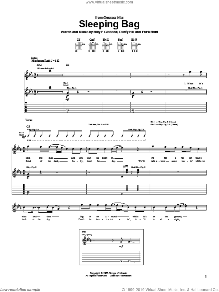 Sleeping Bag sheet music for guitar (tablature) by ZZ Top, Billy Gibbons, Dusty Hill and Frank Beard, intermediate skill level