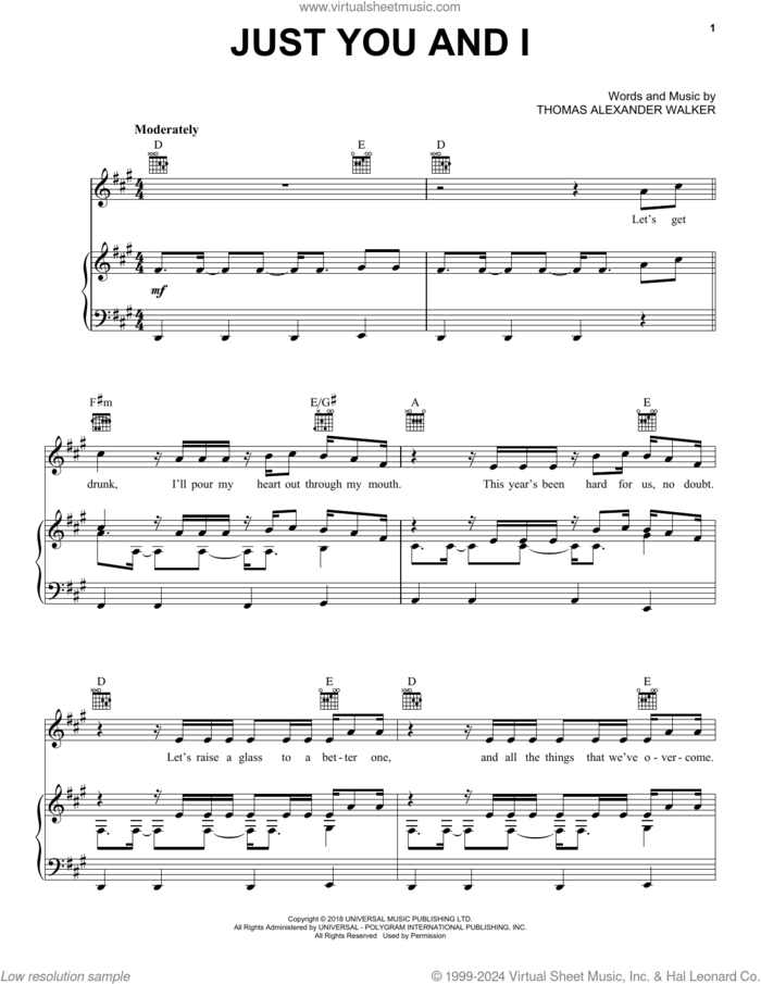 Just You And I sheet music for voice, piano or guitar by Tom Walker and Thomas Alexander Walker, intermediate skill level