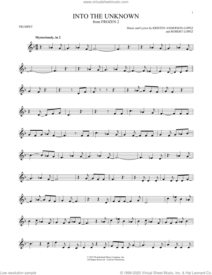 Into The Unknown (from Disney's Frozen 2) sheet music for trumpet solo by Idina Menzel and AURORA, Kristen Anderson-Lopez and Robert Lopez, intermediate skill level