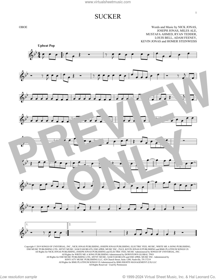 Sucker sheet music for oboe solo by Jonas Brothers, Adam Feeney, Homer Steinweiss, Joseph Jonas, Kevin Jonas, Louis Bell, Miles Ale, Mustafa Ahmed, Nick Jonas and Ryan Tedder, intermediate skill level