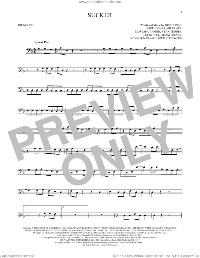 Sucker sheet music for trombone solo by Jonas Brothers, Adam Feeney, Homer Steinweiss, Joseph Jonas, Kevin Jonas, Louis Bell, Miles Ale, Mustafa Ahmed, Nick Jonas and Ryan Tedder, intermediate skill level