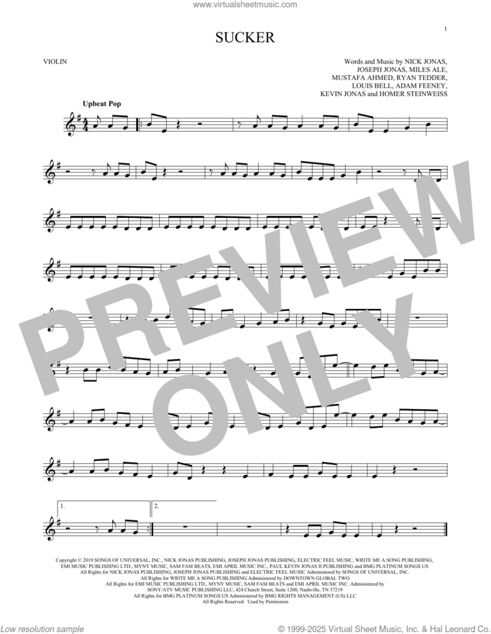 Sucker sheet music for violin solo by Jonas Brothers, Adam Feeney, Homer Steinweiss, Joseph Jonas, Kevin Jonas, Louis Bell, Miles Ale, Mustafa Ahmed, Nick Jonas and Ryan Tedder, intermediate skill level