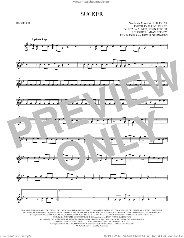 Sucker sheet music for recorder solo by Jonas Brothers, Adam Feeney, Homer Steinweiss, Joseph Jonas, Kevin Jonas, Louis Bell, Miles Ale, Mustafa Ahmed, Nick Jonas and Ryan Tedder, intermediate skill level