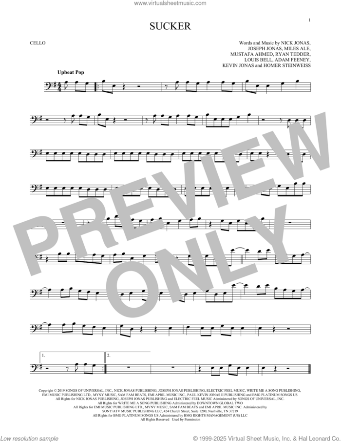 Sucker sheet music for cello solo by Jonas Brothers, Adam Feeney, Homer Steinweiss, Joseph Jonas, Kevin Jonas, Louis Bell, Miles Ale, Mustafa Ahmed, Nick Jonas and Ryan Tedder, intermediate skill level