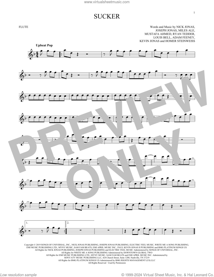 Sucker sheet music for flute solo by Jonas Brothers, Adam Feeney, Homer Steinweiss, Joseph Jonas, Kevin Jonas, Louis Bell, Miles Ale, Mustafa Ahmed, Nick Jonas and Ryan Tedder, intermediate skill level