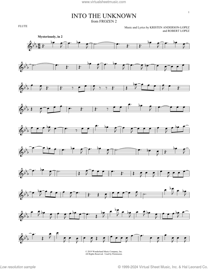 Into The Unknown (from Disney's Frozen 2) sheet music for flute solo by Idina Menzel and AURORA, Kristen Anderson-Lopez and Robert Lopez, intermediate skill level