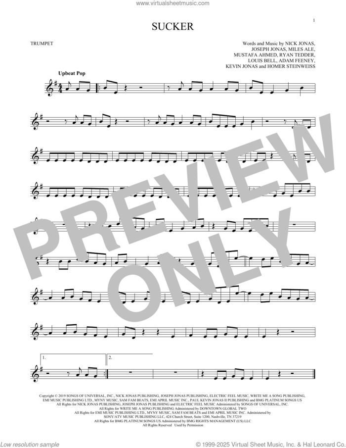 Sucker sheet music for trumpet solo by Jonas Brothers, Adam Feeney, Homer Steinweiss, Joseph Jonas, Kevin Jonas, Louis Bell, Miles Ale, Mustafa Ahmed, Nick Jonas and Ryan Tedder, intermediate skill level