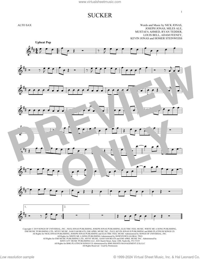 Sucker sheet music for alto saxophone solo by Jonas Brothers, Adam Feeney, Homer Steinweiss, Joseph Jonas, Kevin Jonas, Louis Bell, Miles Ale, Mustafa Ahmed, Nick Jonas and Ryan Tedder, intermediate skill level