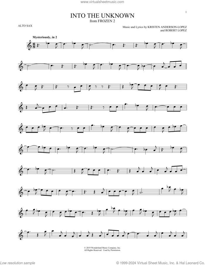 Into The Unknown (from Disney's Frozen 2) sheet music for alto saxophone solo by Idina Menzel and AURORA, Kristen Anderson-Lopez and Robert Lopez, intermediate skill level