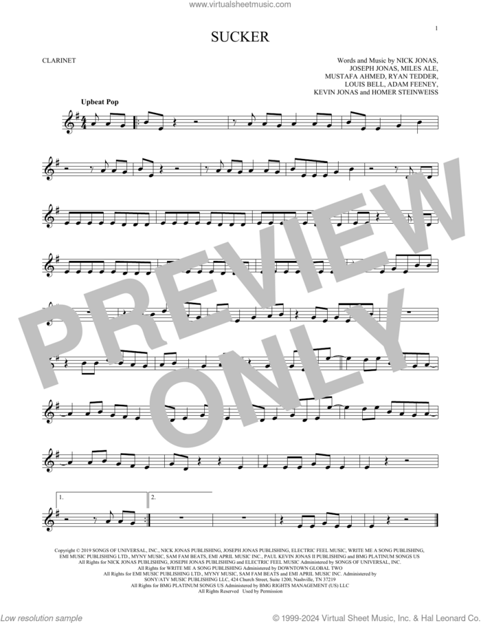 Sucker sheet music for clarinet solo by Jonas Brothers, Adam Feeney, Homer Steinweiss, Joseph Jonas, Kevin Jonas, Louis Bell, Miles Ale, Mustafa Ahmed, Nick Jonas and Ryan Tedder, intermediate skill level