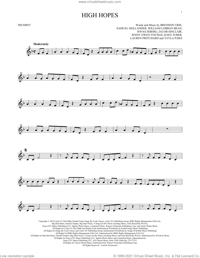 High Hopes sheet music for trumpet solo by Panic! At The Disco, Brendon Urie, Ilsey Juber, Jacob Sinclair, Jenny Owen Youngs, Jonas Jeberg, Lauren Pritchard, Sam Hollander, Tayla Parx and William Lobban Bean, intermediate skill level
