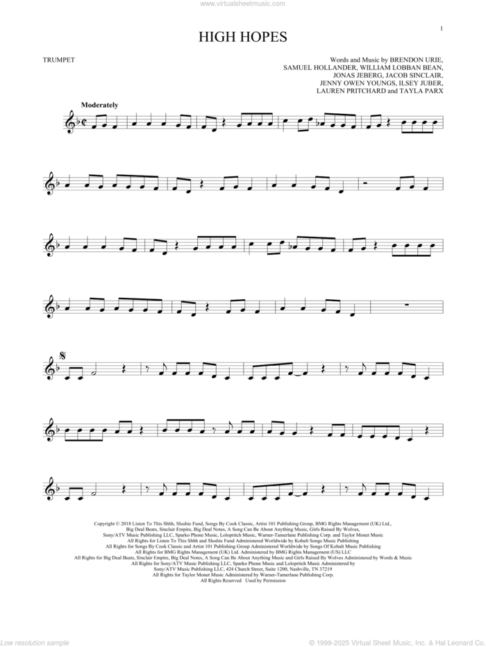 High Hopes sheet music for trumpet solo by Panic! At The Disco, Brendon Urie, Ilsey Juber, Jacob Sinclair, Jenny Owen Youngs, Jonas Jeberg, Lauren Pritchard, Sam Hollander, Tayla Parx and William Lobban Bean, intermediate skill level