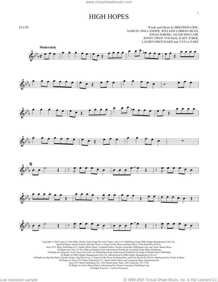 High Hopes sheet music for flute solo by Panic! At The Disco, Brendon Urie, Ilsey Juber, Jacob Sinclair, Jenny Owen Youngs, Jonas Jeberg, Lauren Pritchard, Sam Hollander, Tayla Parx and William Lobban Bean, intermediate skill level