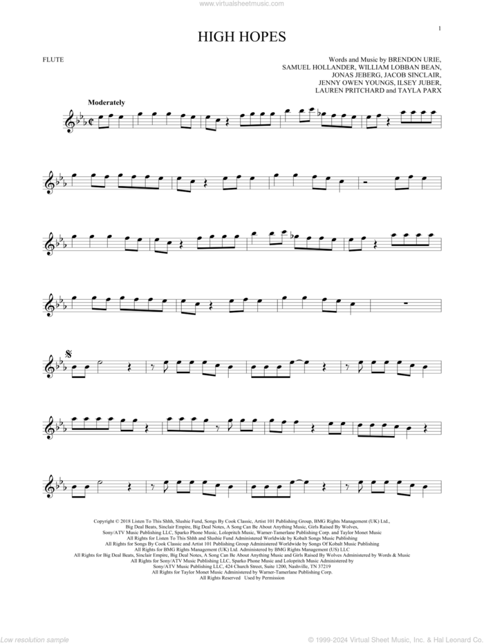 High Hopes sheet music for flute solo by Panic! At The Disco, Brendon Urie, Ilsey Juber, Jacob Sinclair, Jenny Owen Youngs, Jonas Jeberg, Lauren Pritchard, Sam Hollander, Tayla Parx and William Lobban Bean, intermediate skill level