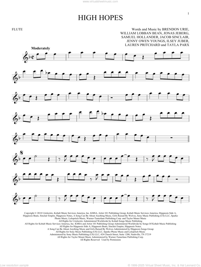 High Hopes sheet music for flute solo by Panic! At The Disco, Brendon Urie, Ilsey Juber, Jacob Sinclair, Jenny Owen Youngs, Jonas Jeberg, Lauren Pritchard, Sam Hollander, Tayla Parx and William Lobban Bean, intermediate skill level
