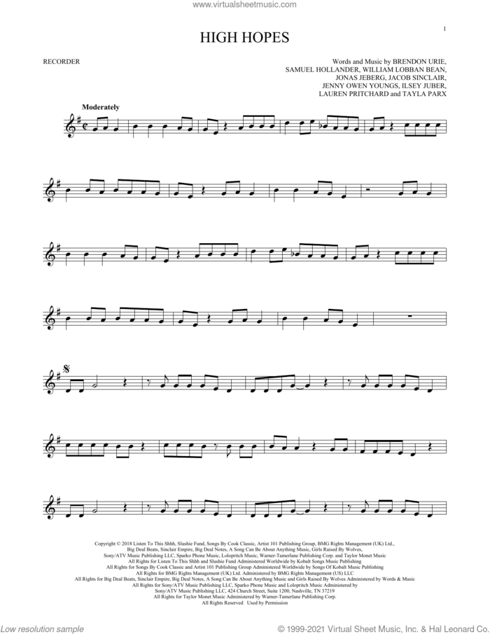 High Hopes sheet music for recorder solo by Panic! At The Disco, Brendon Urie, Ilsey Juber, Jacob Sinclair, Jenny Owen Youngs, Jonas Jeberg, Lauren Pritchard, Sam Hollander, Tayla Parx and William Lobban Bean, intermediate skill level