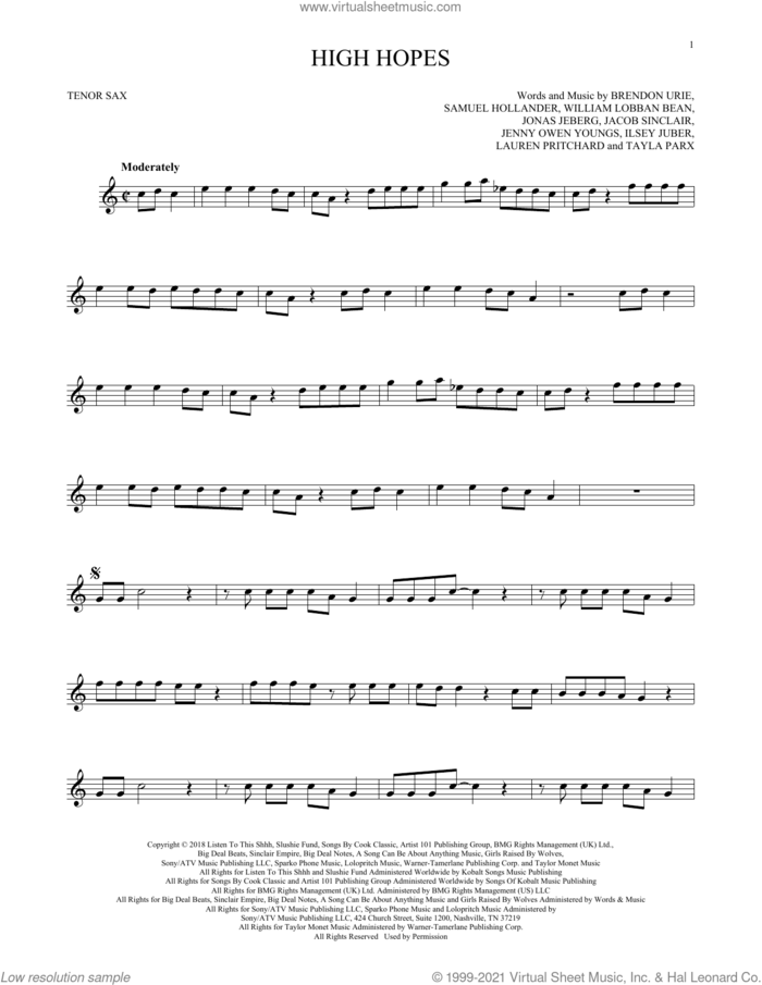 High Hopes sheet music for tenor saxophone solo by Panic! At The Disco, Brendon Urie, Ilsey Juber, Jacob Sinclair, Jenny Owen Youngs, Jonas Jeberg, Lauren Pritchard, Sam Hollander, Tayla Parx and William Lobban Bean, intermediate skill level