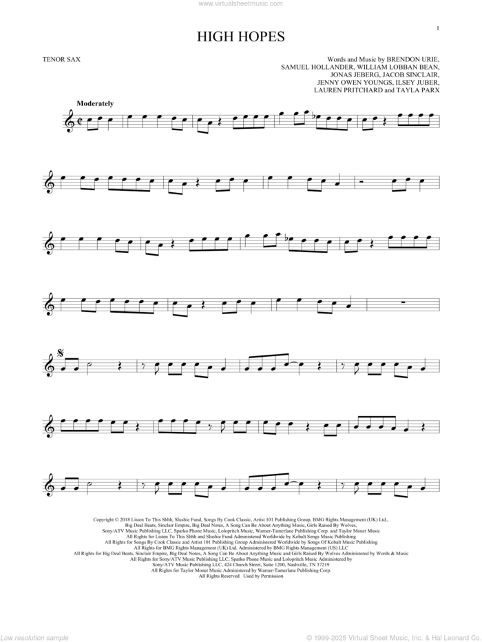 High Hopes sheet music for tenor saxophone solo by Panic! At The Disco, Brendon Urie, Ilsey Juber, Jacob Sinclair, Jenny Owen Youngs, Jonas Jeberg, Lauren Pritchard, Sam Hollander, Tayla Parx and William Lobban Bean, intermediate skill level