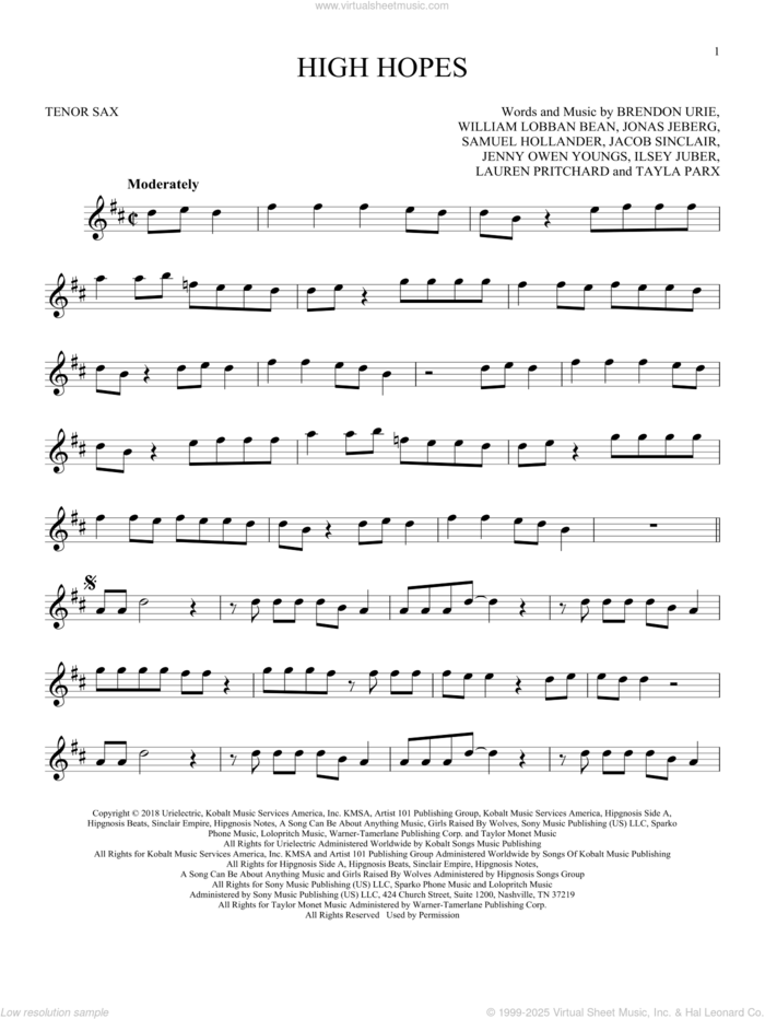 High Hopes sheet music for tenor saxophone solo by Panic! At The Disco, Brendon Urie, Ilsey Juber, Jacob Sinclair, Jenny Owen Youngs, Jonas Jeberg, Lauren Pritchard, Sam Hollander, Tayla Parx and William Lobban Bean, intermediate skill level