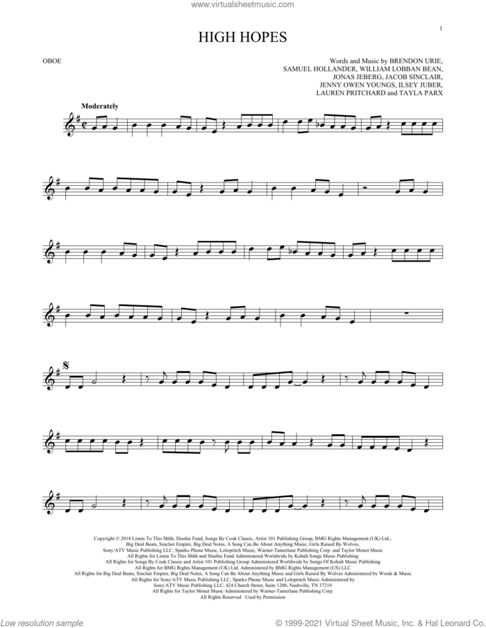 High Hopes sheet music for oboe solo by Panic! At The Disco, Brendon Urie, Ilsey Juber, Jacob Sinclair, Jenny Owen Youngs, Jonas Jeberg, Lauren Pritchard, Sam Hollander, Tayla Parx and William Lobban Bean, intermediate skill level