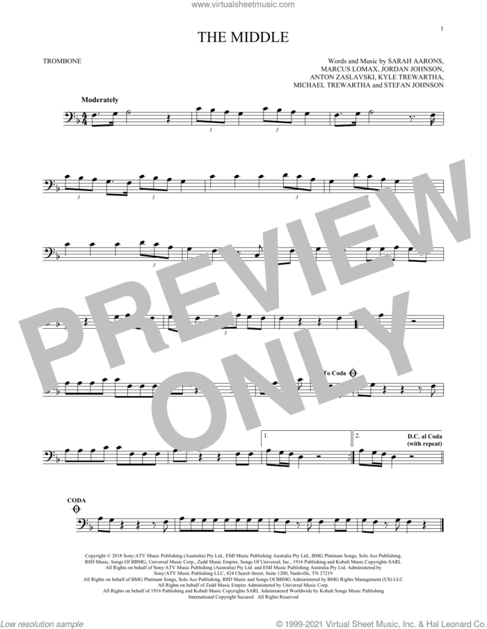 The Middle sheet music for trombone solo by Zedd, Maren Morris & Grey, Anton Zaslavski, Jordan Johnson, Kyle Trewartha, Marcus Lomax, Michael Trewartha, Sarah Aarons and Stefan Johnson, intermediate skill level