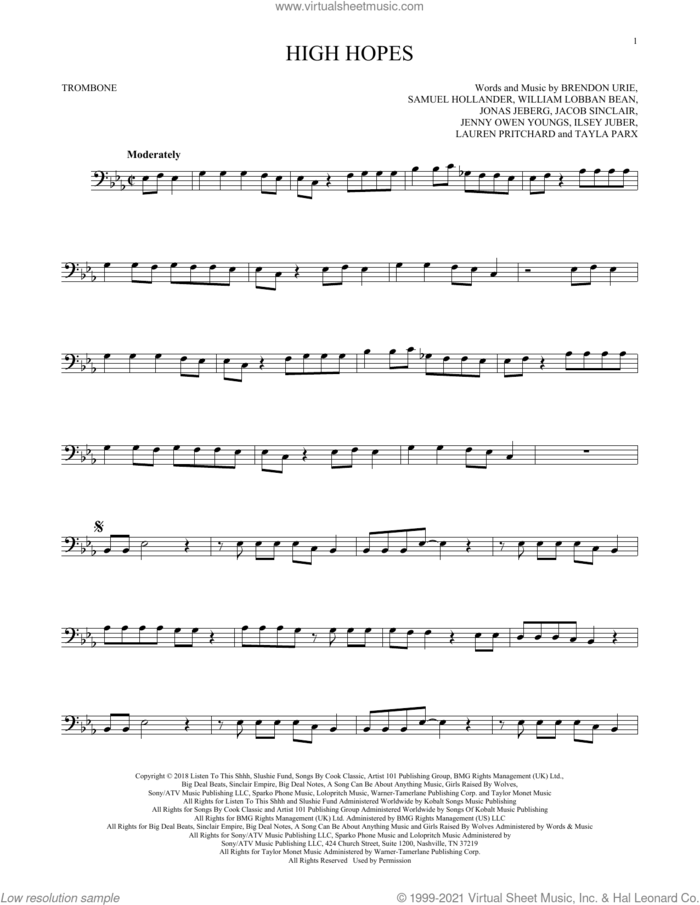 High Hopes sheet music for trombone solo by Panic! At The Disco, Brendon Urie, Ilsey Juber, Jacob Sinclair, Jenny Owen Youngs, Jonas Jeberg, Lauren Pritchard, Sam Hollander, Tayla Parx and William Lobban Bean, intermediate skill level