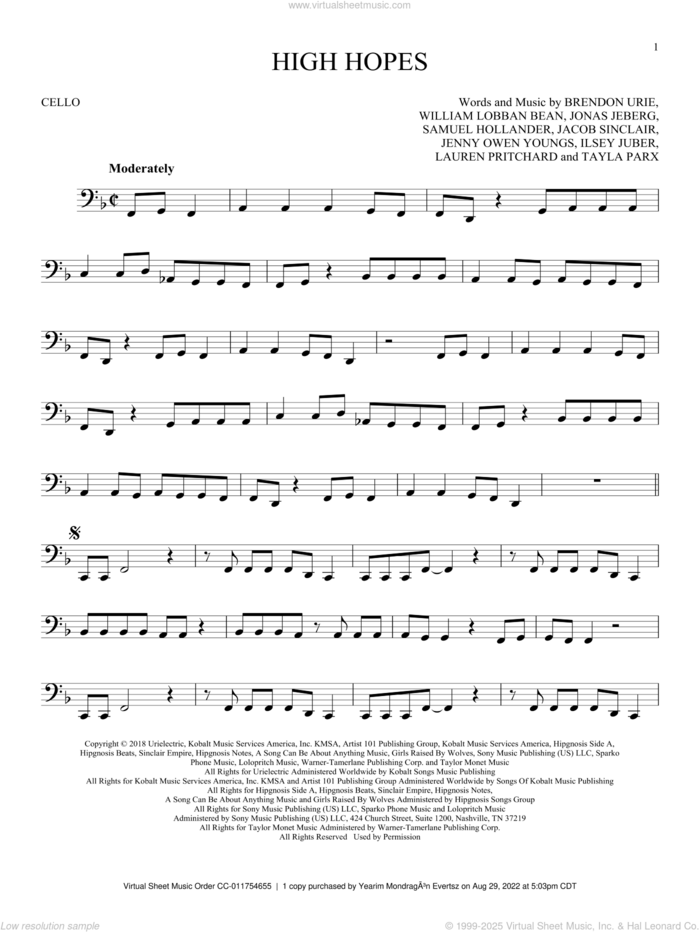 High Hopes sheet music for cello solo by Panic! At The Disco, Brendon Urie, Ilsey Juber, Jacob Sinclair, Jenny Owen Youngs, Jonas Jeberg, Lauren Pritchard, Sam Hollander, Tayla Parx and William Lobban Bean, intermediate skill level