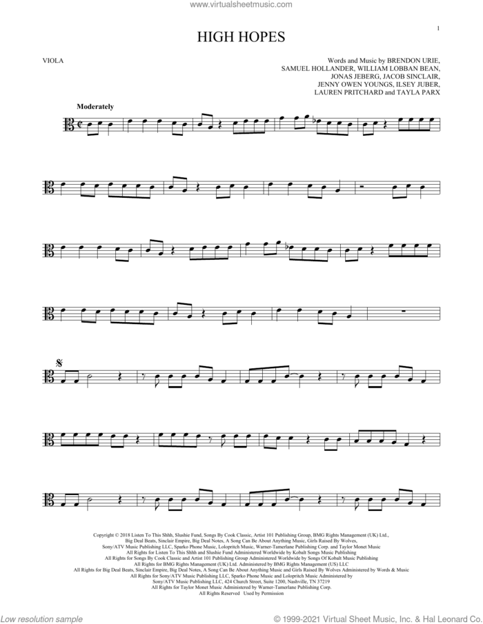 High Hopes sheet music for viola solo by Panic! At The Disco, Brendon Urie, Ilsey Juber, Jacob Sinclair, Jenny Owen Youngs, Jonas Jeberg, Lauren Pritchard, Sam Hollander, Tayla Parx and William Lobban Bean, intermediate skill level