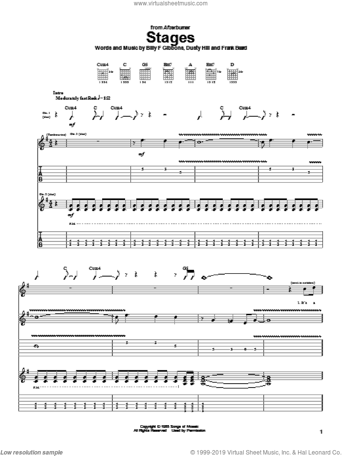 Stages sheet music for guitar (tablature) by ZZ Top, Billy Gibbons, Dusty Hill and Frank Beard, intermediate skill level