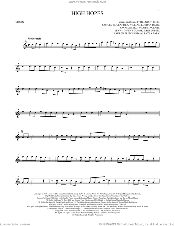High Hopes sheet music for violin solo by Panic! At The Disco, Brendon Urie, Ilsey Juber, Jacob Sinclair, Jenny Owen Youngs, Jonas Jeberg, Lauren Pritchard, Sam Hollander, Tayla Parx and William Lobban Bean, intermediate skill level