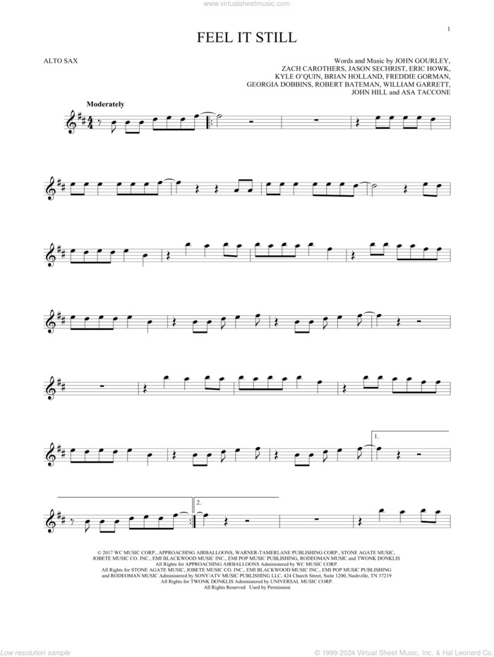 Feel It Still sheet music for alto saxophone solo by Brian Holland, Portugal. The Man, Asa Taccone, Eric Andrew Howk, Freddie Gorman, Georgia Dobbins, Jason Wade Sechrist, John Baldwin Gourley, John Hill, Robert Bateman, William Garrett and Zachary Scott Carothers, intermediate skill level