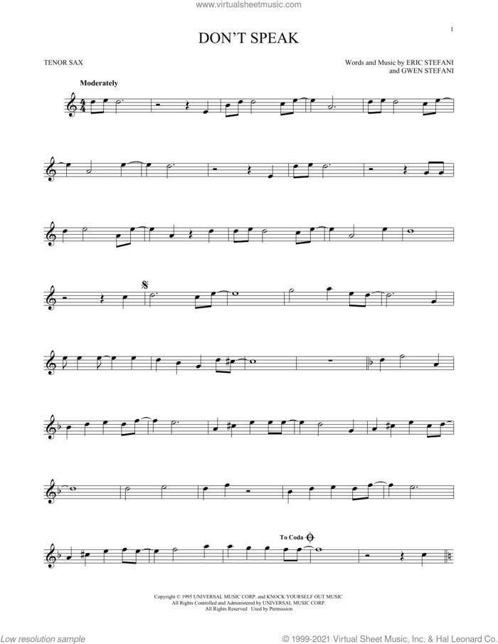 Don't Speak sheet music for tenor saxophone solo by No Doubt, Eric Stefani and Gwen Stefani, intermediate skill level