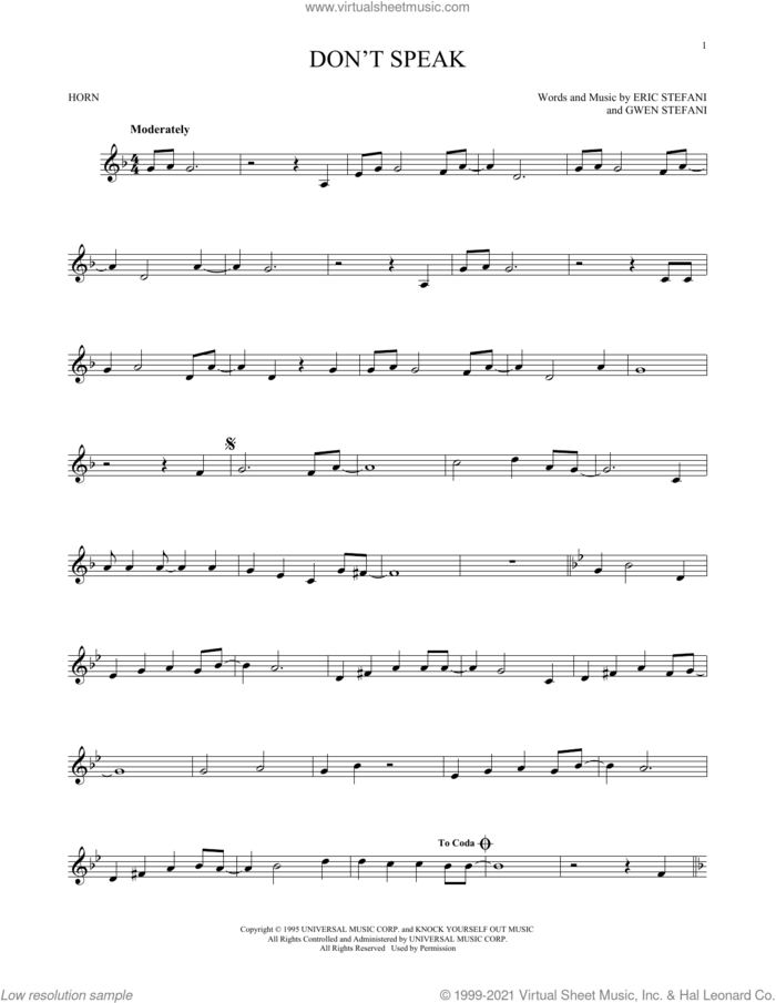 Don't Speak sheet music for horn solo by No Doubt, Eric Stefani and Gwen Stefani, intermediate skill level