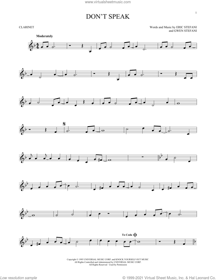 Don't Speak sheet music for clarinet solo by No Doubt, Eric Stefani and Gwen Stefani, intermediate skill level