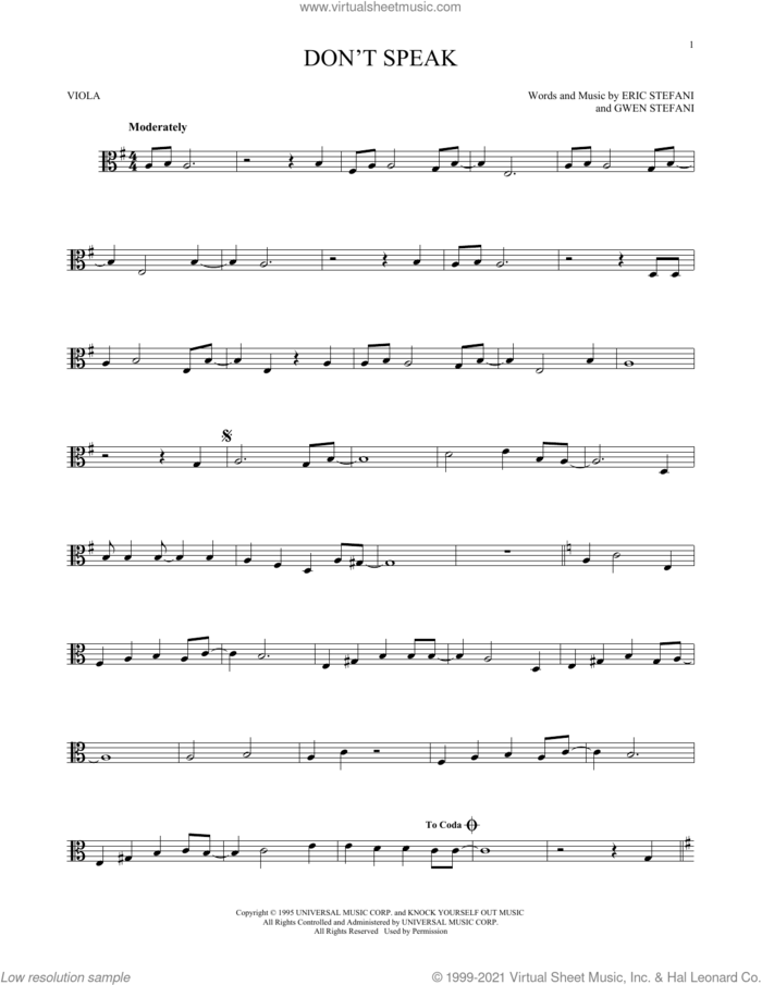 Don't Speak sheet music for viola solo by No Doubt, Eric Stefani and Gwen Stefani, intermediate skill level