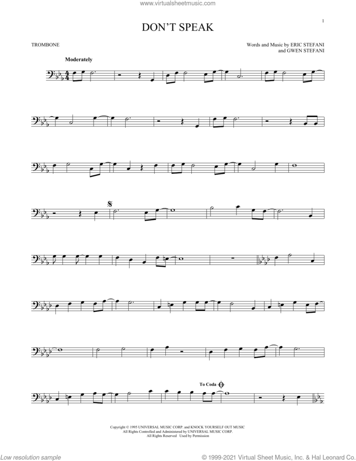 Don't Speak sheet music for trombone solo by No Doubt, Eric Stefani and Gwen Stefani, intermediate skill level