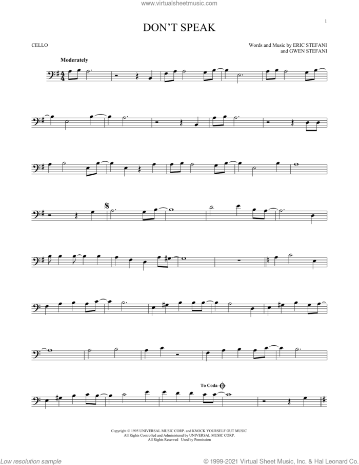 Don't Speak sheet music for cello solo by No Doubt, Eric Stefani and Gwen Stefani, intermediate skill level