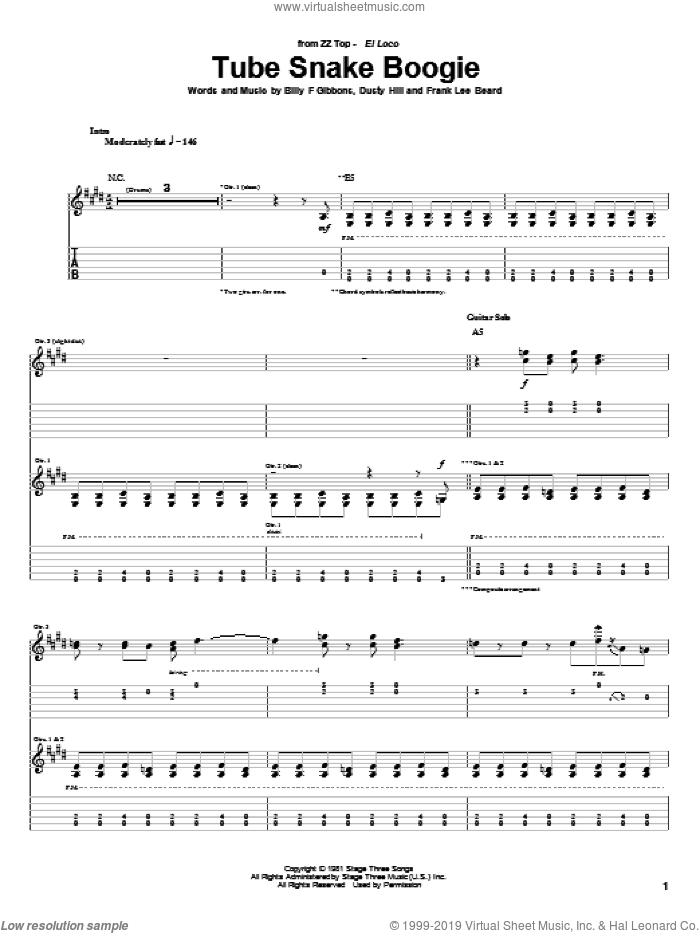 Tube Snake Boogie sheet music for guitar (tablature) by ZZ Top, Billy Gibbons, Dusty Hill and Frank Beard, intermediate skill level