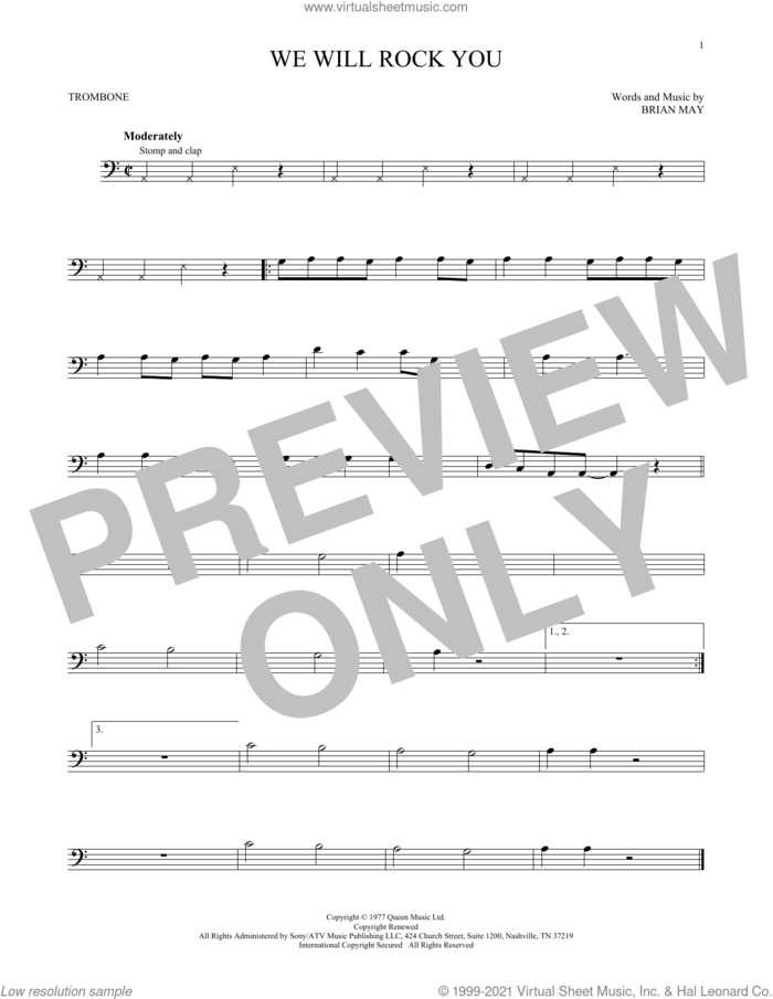 We Will Rock You sheet music for trombone solo by Queen and Brian May, intermediate skill level