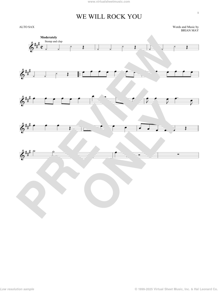 We Will Rock You sheet music for alto saxophone solo by Queen and Brian May, intermediate skill level