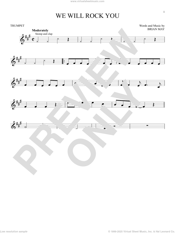 We Will Rock You sheet music for trumpet solo by Queen and Brian May, intermediate skill level