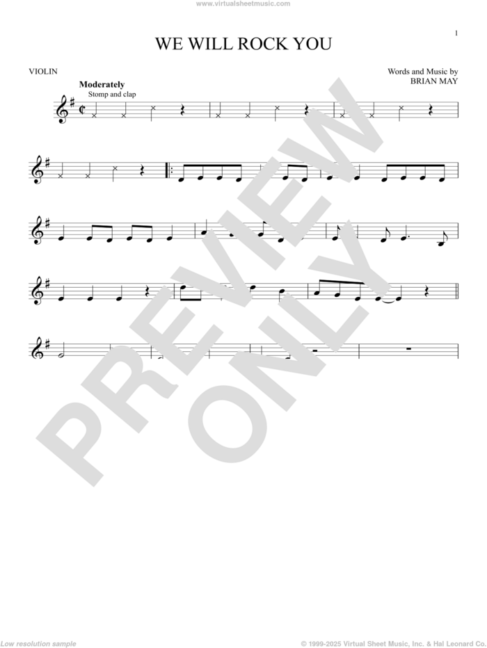 We Will Rock You sheet music for violin solo by Queen and Brian May, intermediate skill level