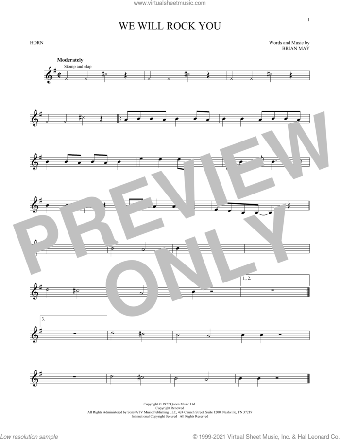 We Will Rock You sheet music for horn solo by Queen and Brian May, intermediate skill level