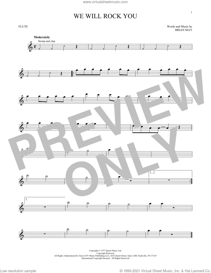We Will Rock You sheet music for flute solo by Queen and Brian May, intermediate skill level