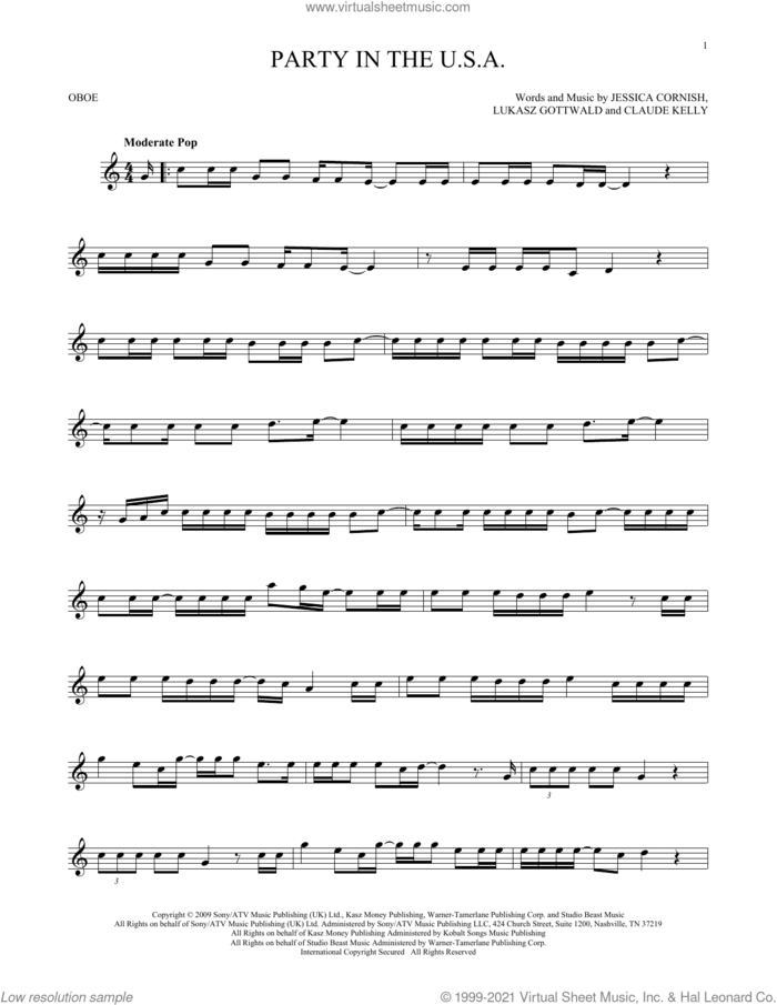 Party In The U.S.A. sheet music for oboe solo by Miley Cyrus, Claude Kelly, Jessica Cornish and Lukasz Gottwald, intermediate skill level