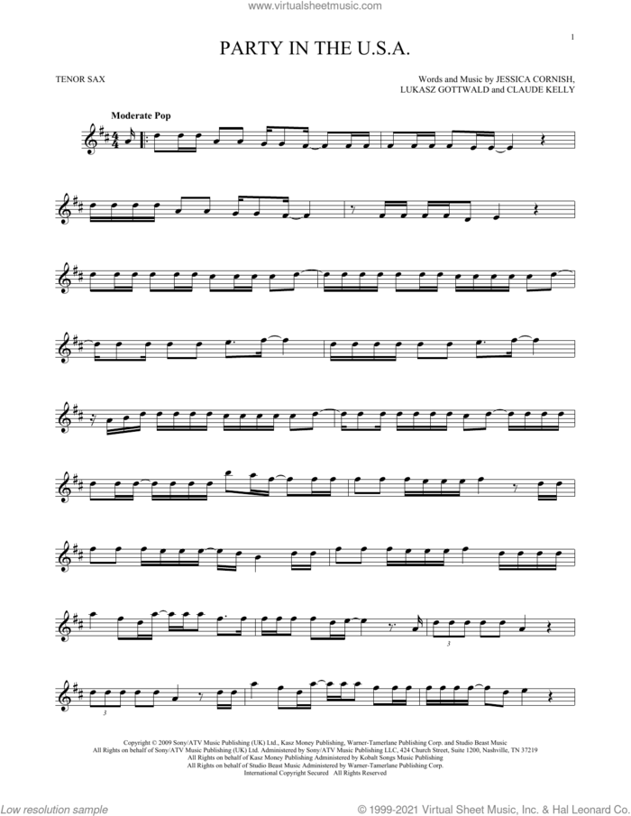 Party In The U.S.A. sheet music for tenor saxophone solo by Miley Cyrus, Claude Kelly, Jessica Cornish and Lukasz Gottwald, intermediate skill level